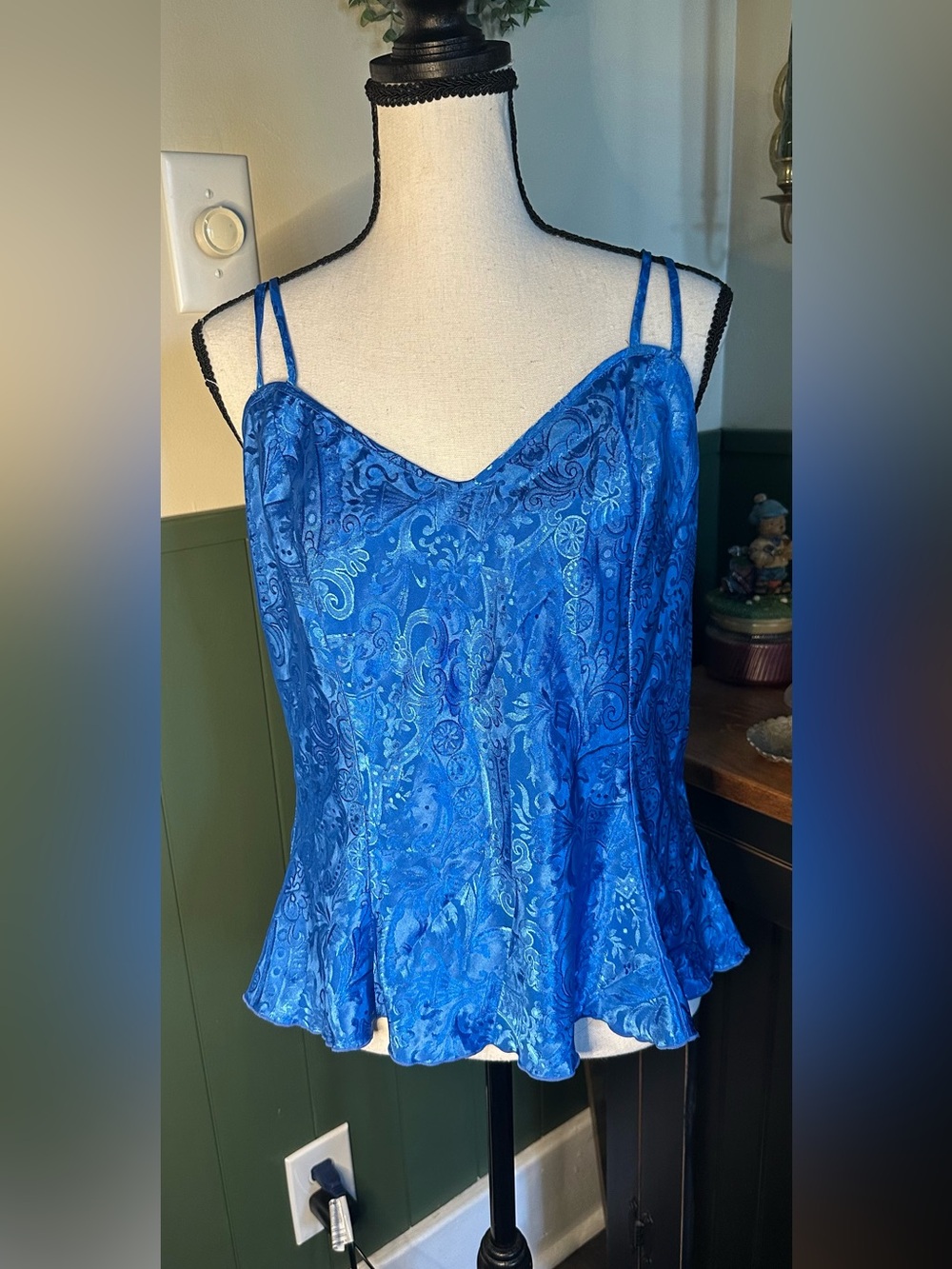 Victorias Secret Gold Label Cami Top Jacquard Satin Adjustable Royal Blue Size L